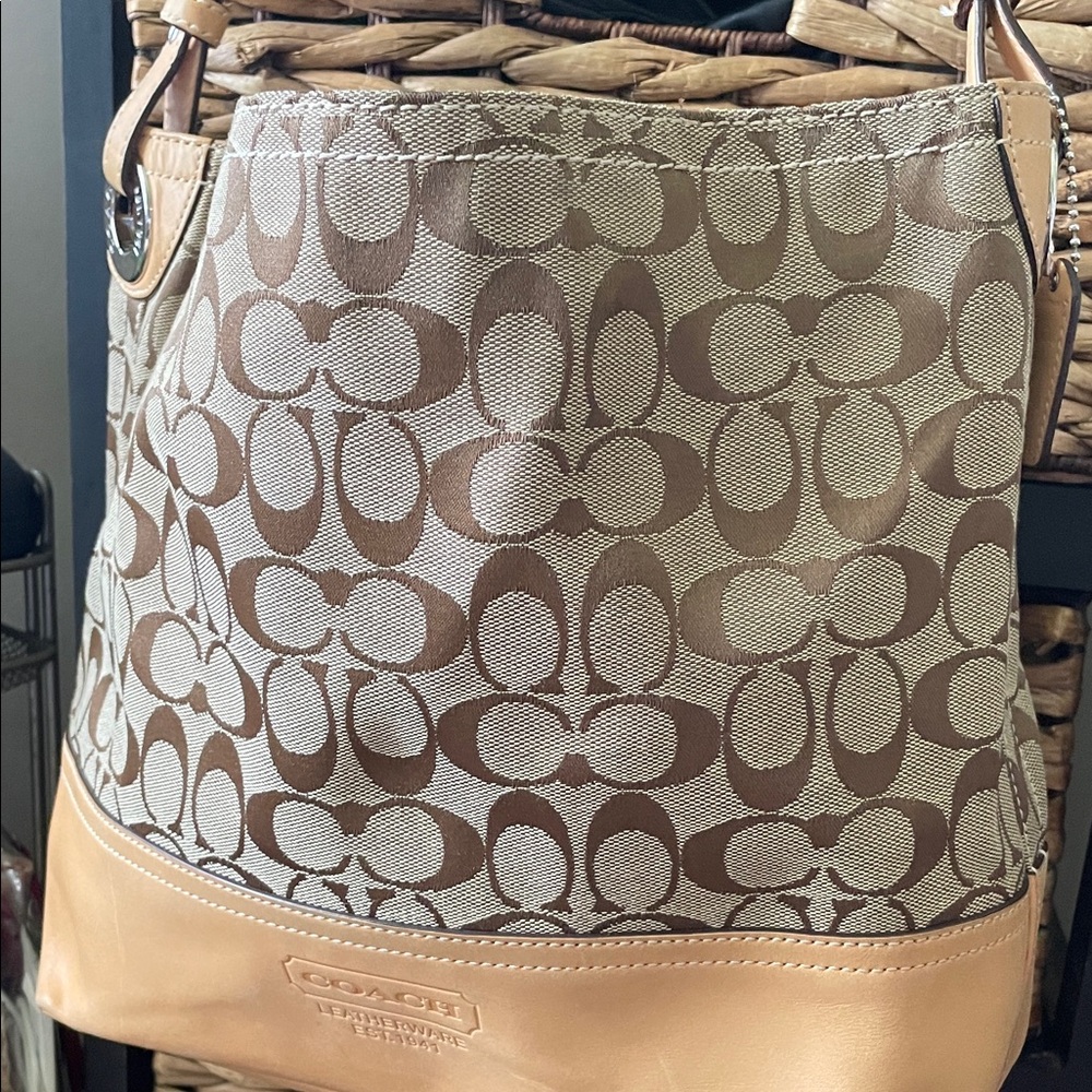Coach Beige and Brown Signature Shoulder Bag